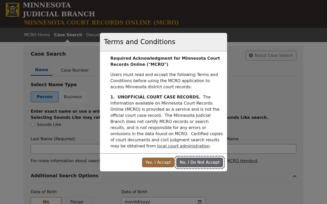 Minnesota public case search form used for a Big Stone County warrant check