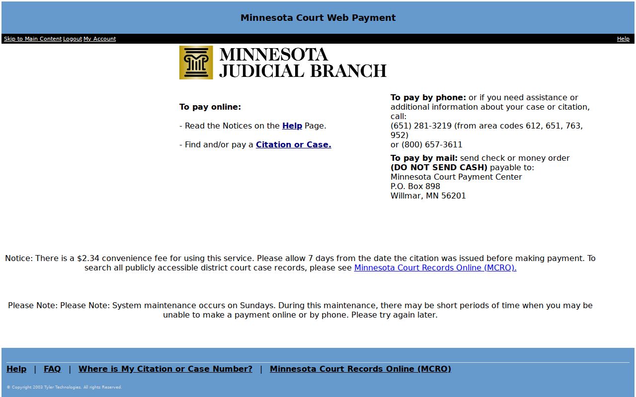 Minnesota court web payment page for traffic fines tied to Big Stone County traffic warrants