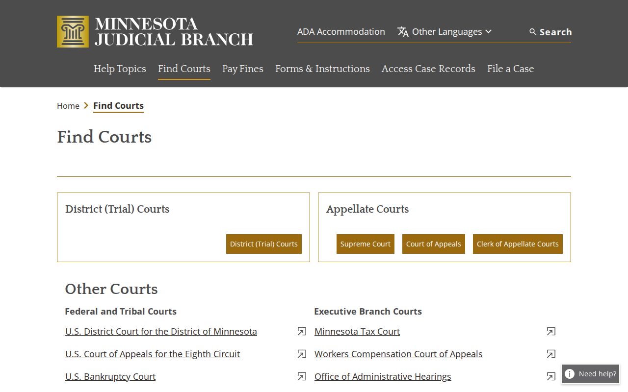 Minnesota court structure page showing the district court that issues Big Stone County bench warrants