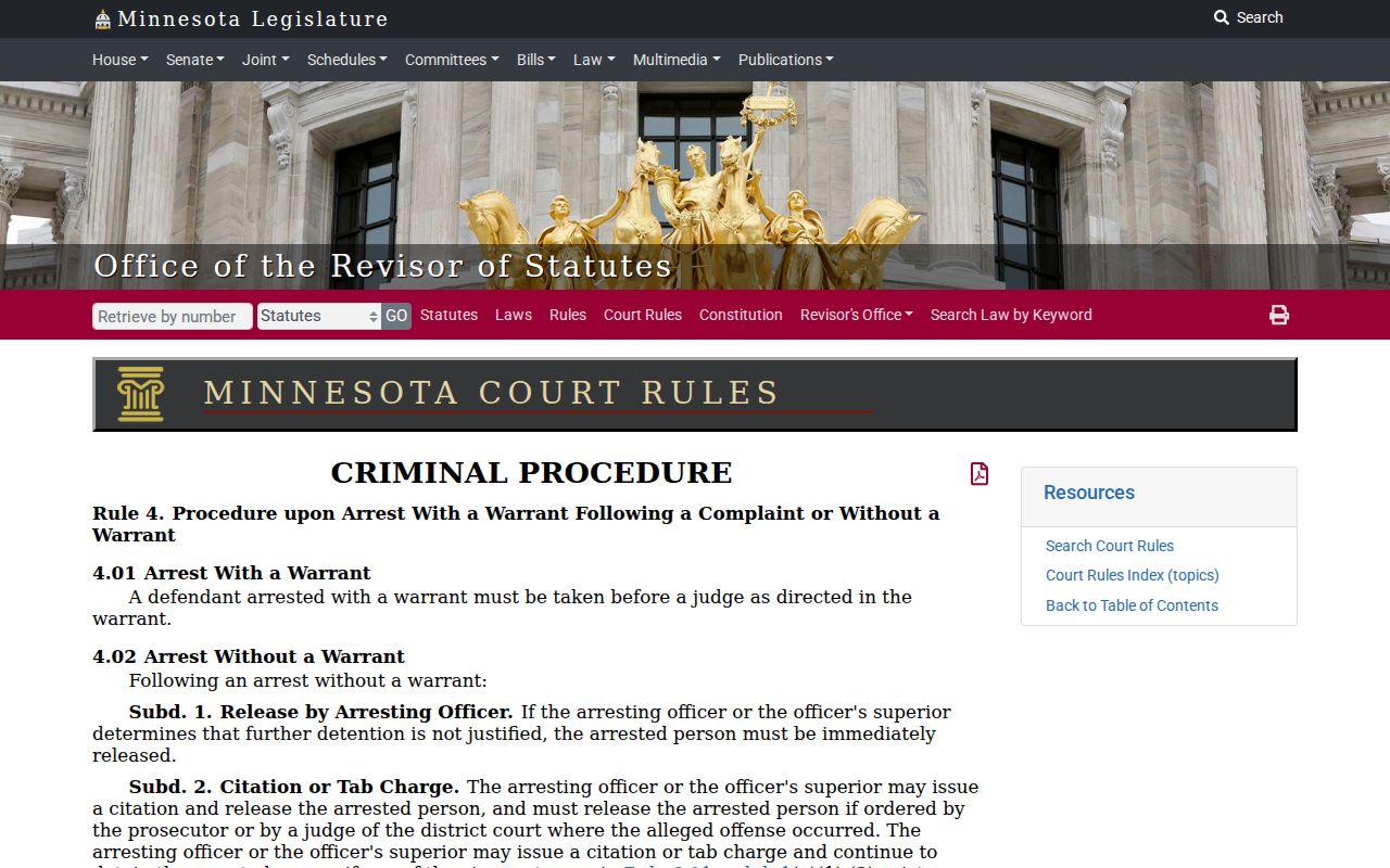 Minnesota criminal procedure rule page describing arrest review after a Big Stone County arrest warrant