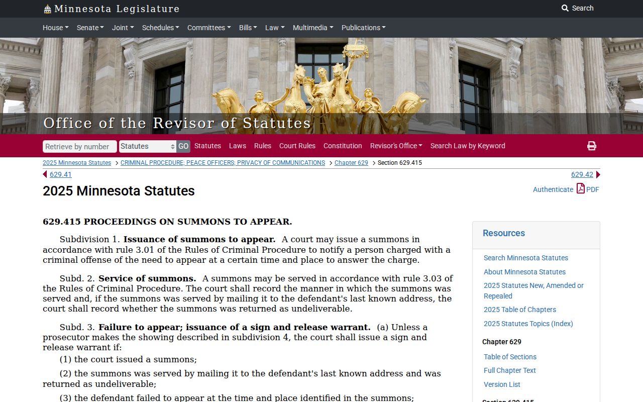 Minnesota sign-and-release warrant statute page used for Big Stone County bench warrant questions