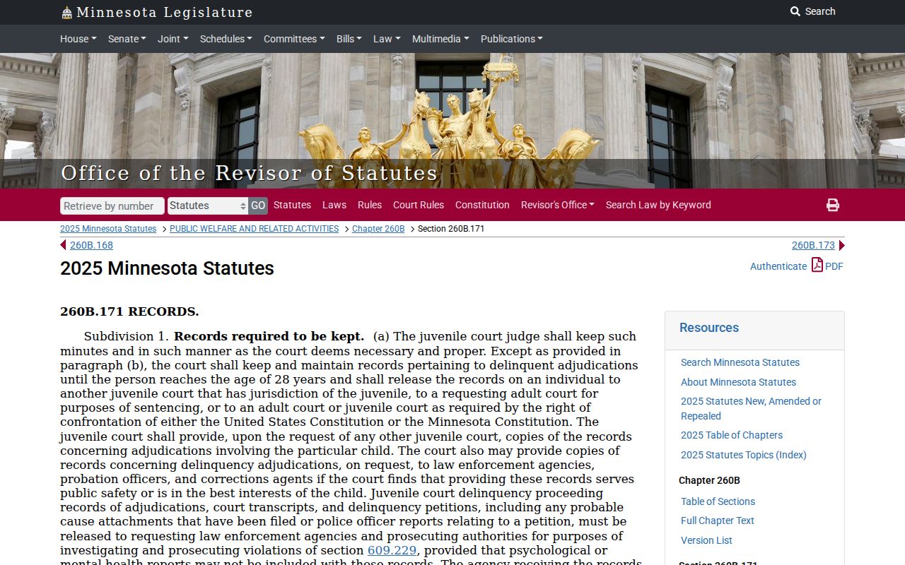 Minnesota statute page describing restricted juvenile record access for Big Stone County warrant searches