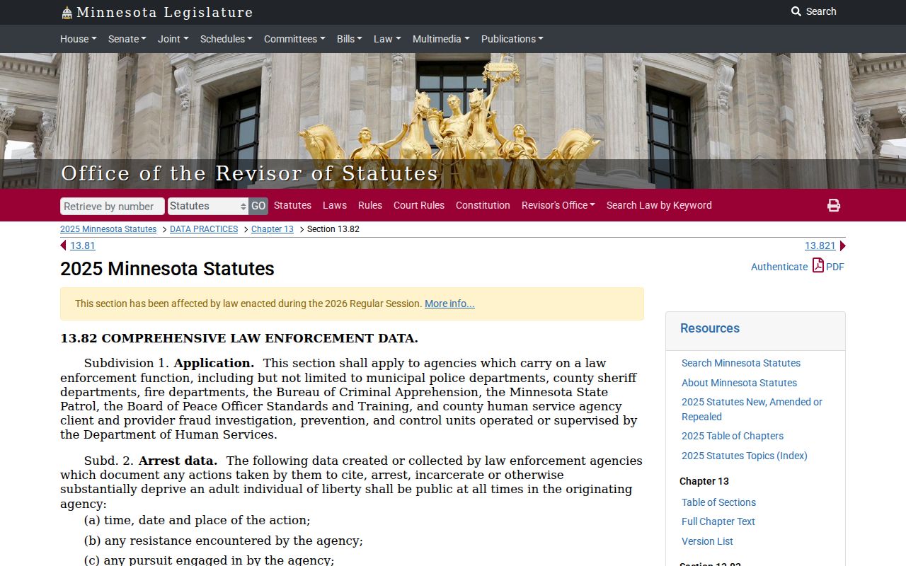 Minnesota law enforcement data statute page governing Big Stone County active warrant index access