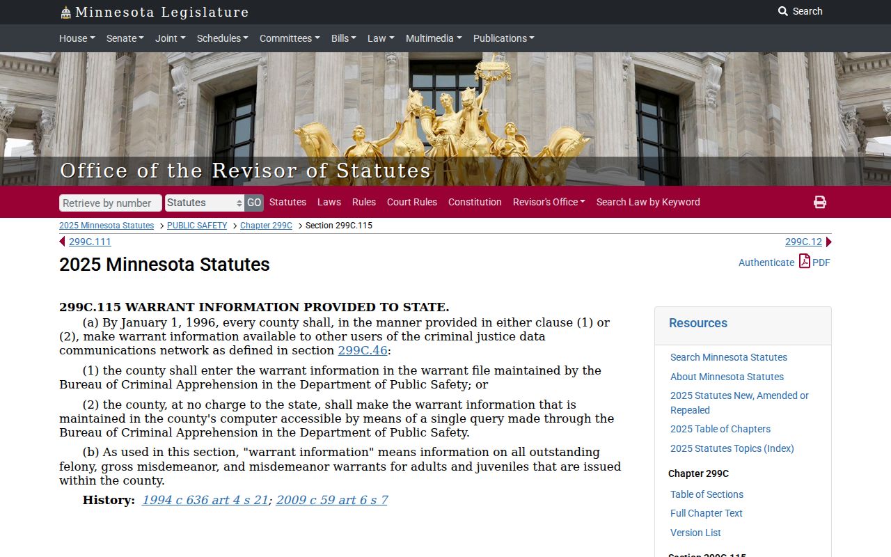 Minnesota statute page requiring counties to report warrant data for Big Stone County active warrant checks