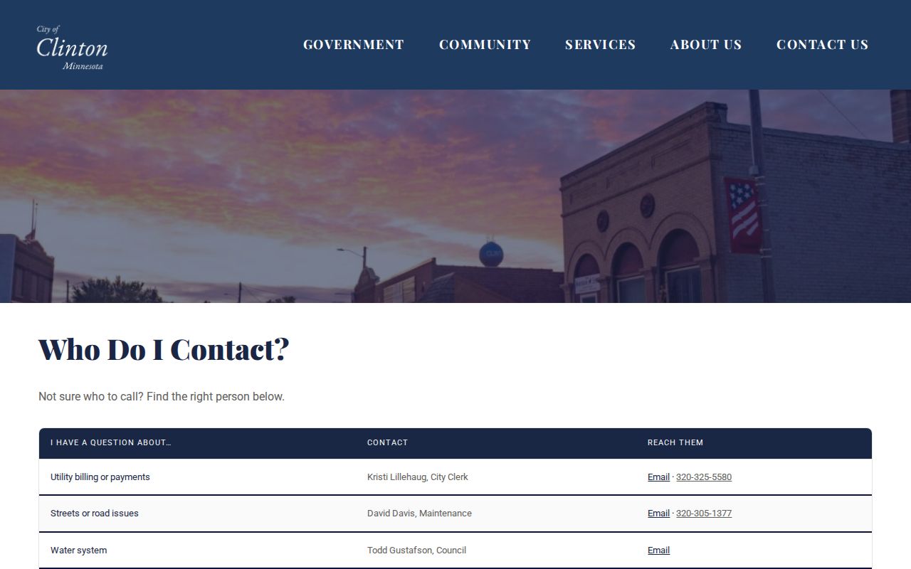 Clinton City Hall contact page listing city staff for Clinton and Big Stone County warrant questions