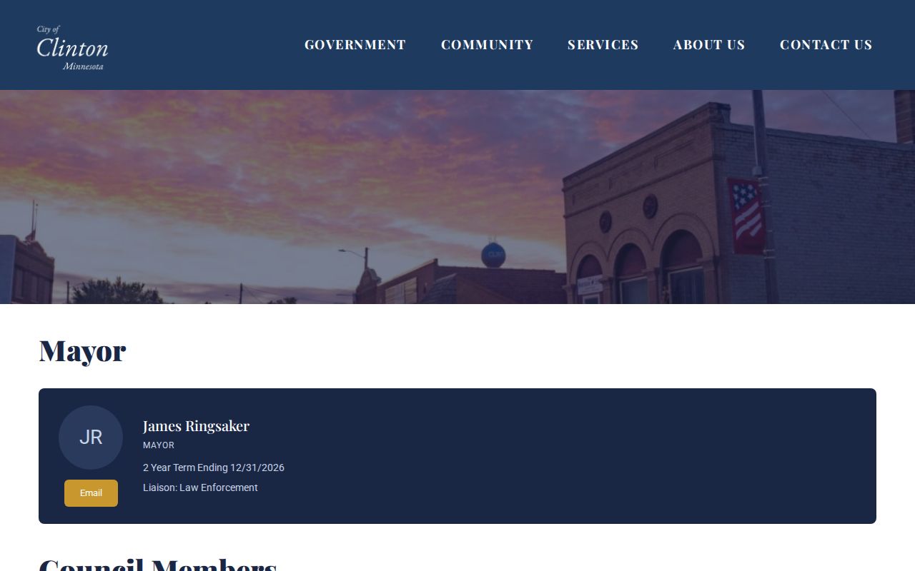 Clinton city council page listing the law enforcement liaison for Clinton and Big Stone County warrant questions