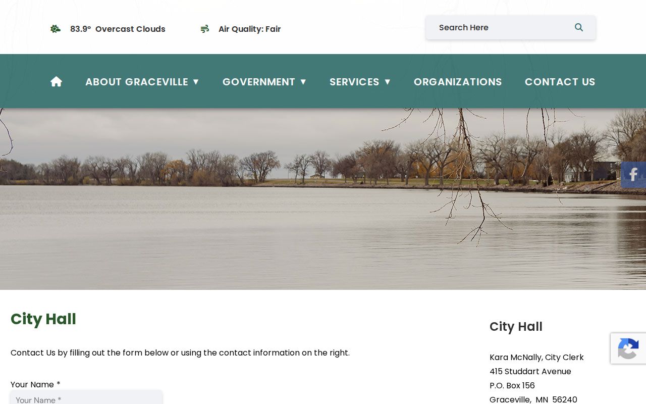 Graceville City Hall contact form page used to route Graceville warrant questions in Big Stone County