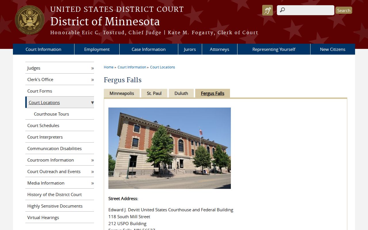 Fergus Falls federal courthouse page for federal warrant cases involving Big Stone County residents