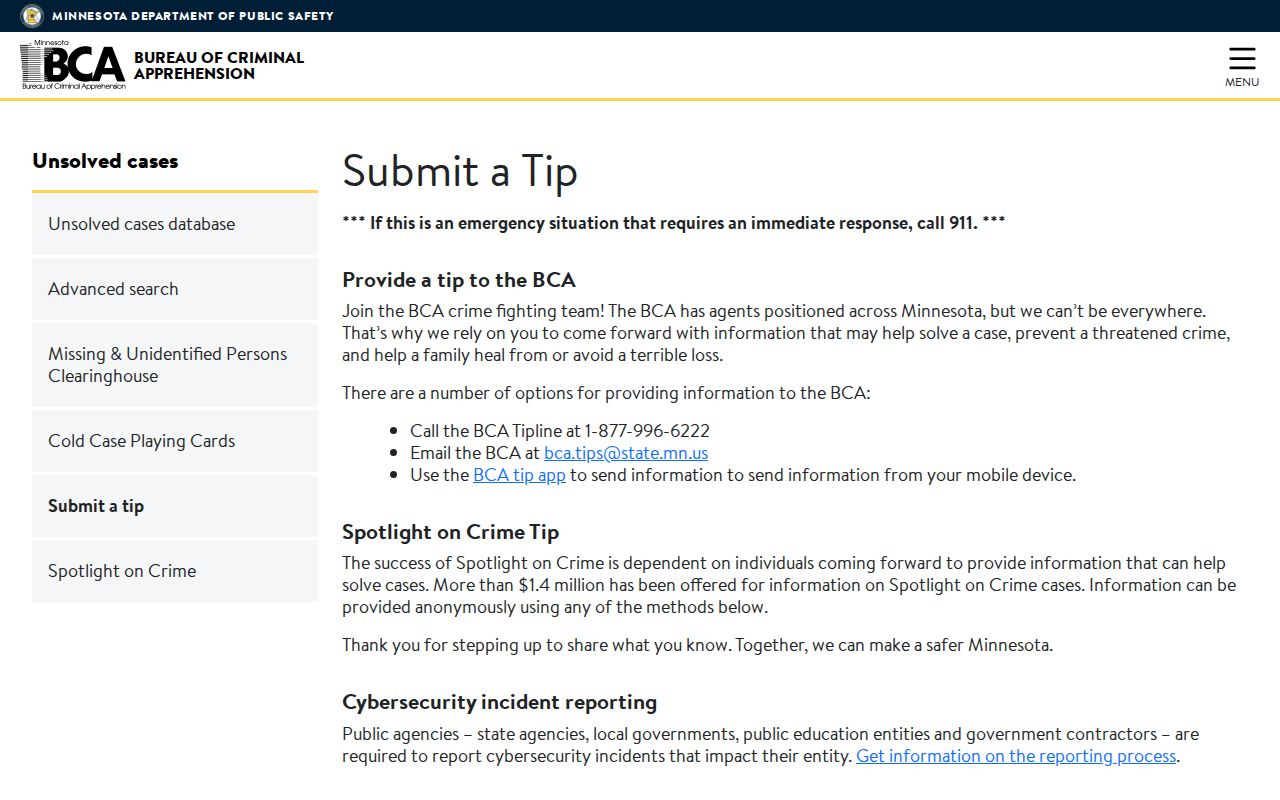Minnesota BCA tip submission page used for Big Stone County most wanted information