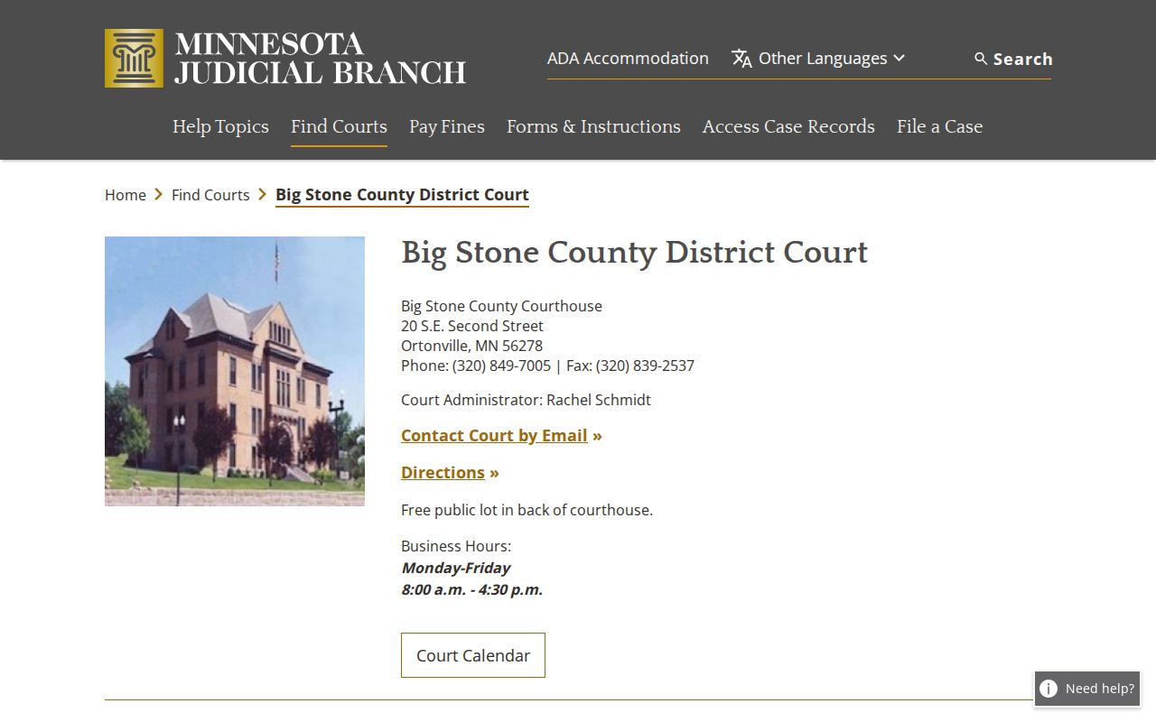 Big Stone County District Court directory page listing the courthouse that holds warrant case files