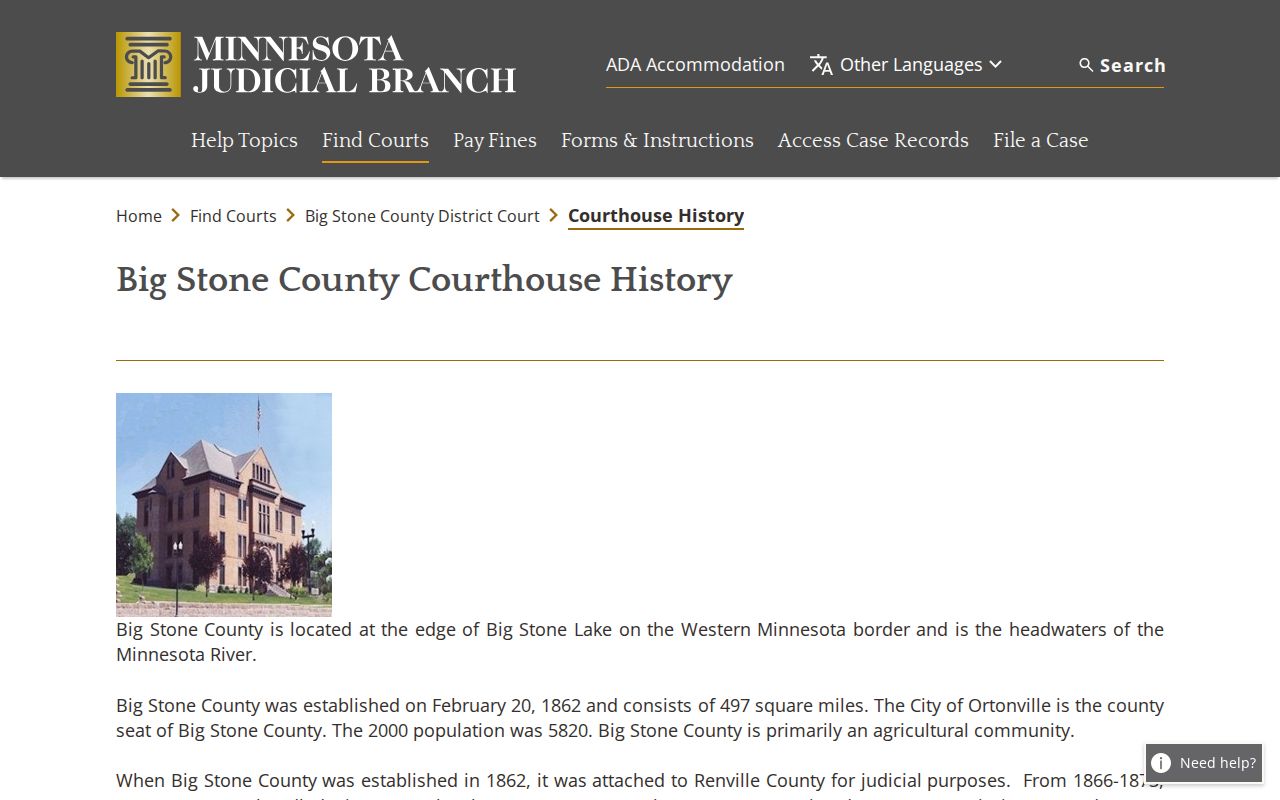 Big Stone County courthouse history page describing the 1902 Ortonville courthouse used for warrant records